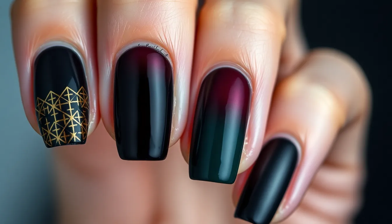 25 Stunning Dark Nail Ideas: From Gothic Art to Elegant Burgundy Designs 14 25 Stunning Dark Nail Ideas: From Gothic Art to Elegant Burgundy Designs 13